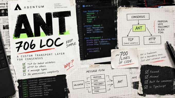 Promotional graphic for ANT by Asentum, highlighting '706 LOC' (lines of code) as a custom transport layer for consensus. The collage features code snippets, diagrams showing TCP/HTTP connections, and a list of features including 'Focused', 'Minimal', 'Built for consensus', and 'In TypeScript'.