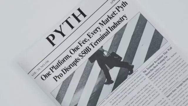 The image shows a close-up of a newspaper, "Pyth," with its layout including a news headline and an article about someone carrying a large briefcase on a zebra crossing. The caption reads that every feed across all asset classes is visible, and there's a live price chart for every post on the Terminal at app.pyth.com. It suggests that the viewer should pay attention to this information before making any decisions based on market data.