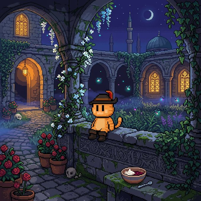 A pixel-art scene depicts an orange cat wearing a feathered hat sitting on a stone balustrade in a moonlit courtyard filled with flowers, glowing fireflies, and arched gothic architecture.
