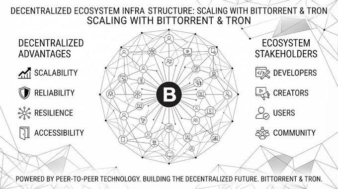 An infographic titled 'DECENTRALIZED ECOSYSTEM INFRA STRUCTURE: SCALING WITH BITTORRENT & TRON' lists advantages like 'SCALABILITY' and stakeholders like 'DEVELOPERS' around a 'B' network logo.