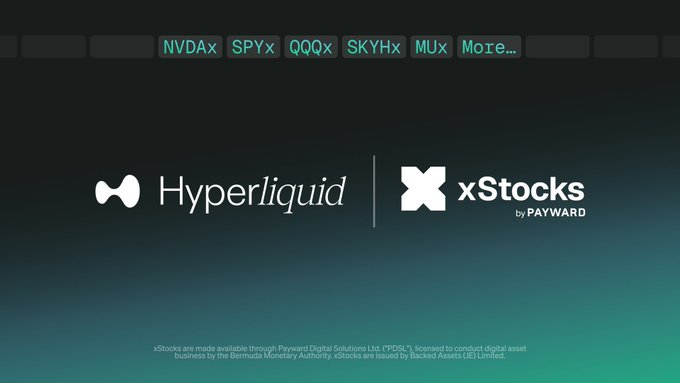 A promotional graphic displays "Hyperliquid" and "xStocks by PAYWARD" with ticker tags NVDAx, SPYx, QQQx, SKYHx, and MUx.