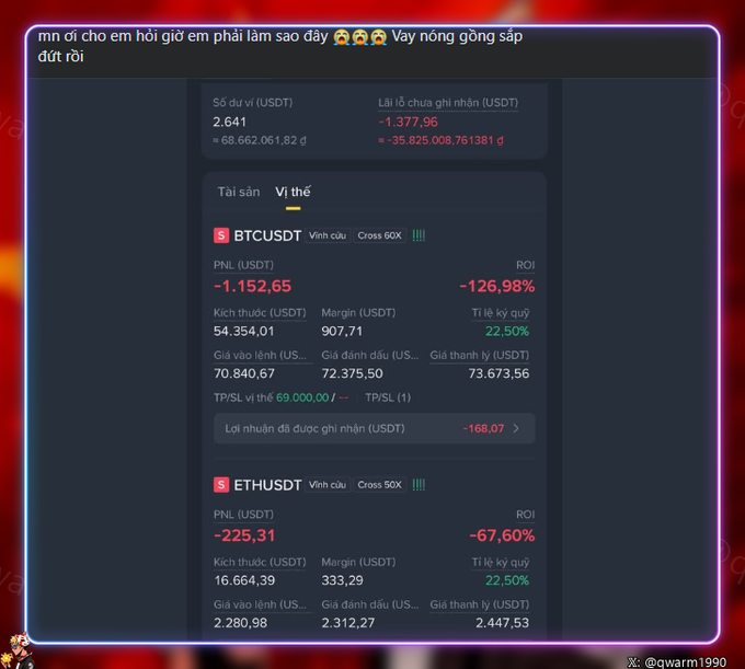 A cryptocurrency trading interface in Vietnamese showing a user's account with a significant loss of -1,377.96 USDT, featuring BTCUSDT and ETHUSDT positions with negative ROI figures. [Content warning: trading loss]