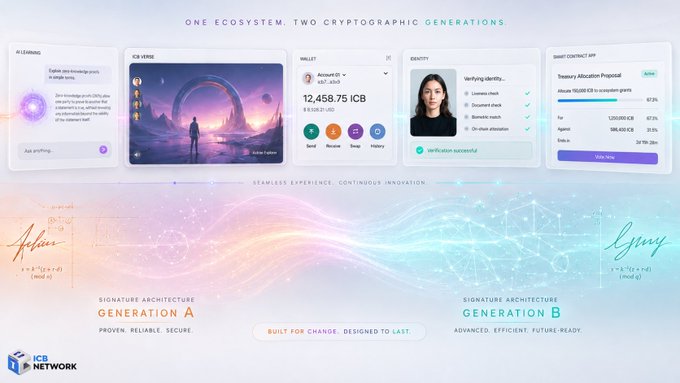 A promotional banner for ICB Network titled 'ONE ECOSYSTEM. TWO CRYPTOGRAPHIC GENERATIONS,' showcasing interface panels for AI Coldware, ICBVERSE, wallet, identity verification, and smart contract, with sections labeled 'SIGNATURE ARCHITECTURE GENERATION A' and 'GENERATION B.'
