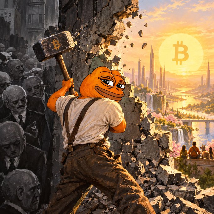 An artistic illustration featuring an orange cartoon frog character with a hammer, breaking through a stone wall to reveal a futuristic Bitcoin-themed city landscape.