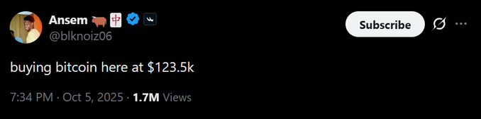 A tweet from crypto influencer Ansem (@blknoiz06) posted on October 5, 2025, reads "buying bitcoin here at $123.5k," signaling his bullish conviction on BTC at that price level. The post "fc btc" suggests the user is echoing or agreeing with his sentiment, expressing similar faith in bitcoin.