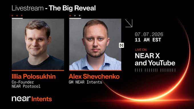 A promotional graphic for a NEAR Intents livestream titled "The Big Reveal" on 07.07.2026 at 11 AM EST, featuring headshots of Co-Founder Illia Polosukhin and GM Alex Shevchenko, who will appear on NEAR X and YouTube.