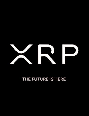 A minimalist black graphic displays the "XRP" logo with the tagline "THE FUTURE IS HERE" in white text.