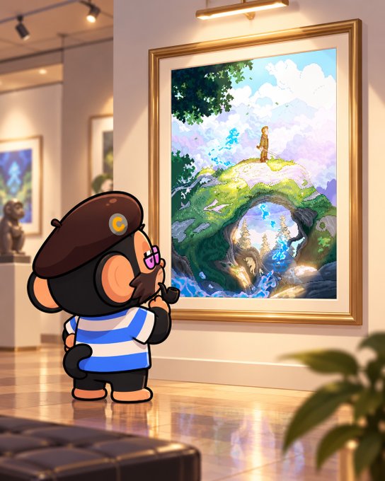 A cartoon monkey character wearing a beret and striped shirt admires a framed fantasy artwork in a gallery setting, depicting a figure standing on a floating green island with waterfalls.