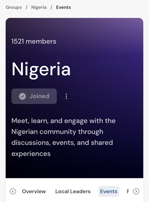 Screenshot of a group page titled 'Nigeria' with 1521 members, showing a 'Joined' status and description about the Nigerian community.