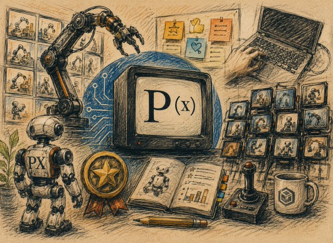 A sketched illustration shows a robot alongside a robotic arm, multiple monitors displaying robot imagery, a central TV screen reading "P(x)," an open book with a robot illustration, a joystick, a coffee mug, and a gold star medal—all rendered in a hand-drawn style that visually reinforces PrismaX's message about building real-world robot intelligence through trusted, high-quality data validation.
