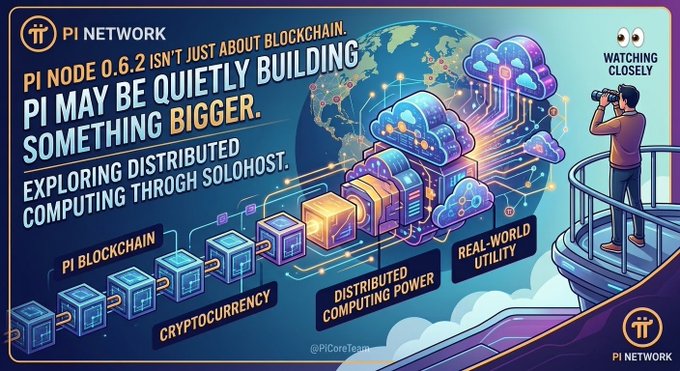 The image is a promotional graphic for "PI NETWORK" featuring text highlighting that "PI NODE 0.6.2 ISN'T JUST ABOUT BLOCKCHAIN. PI MAY BE QUIETLY BUILDING SOMETHING BIGGER," with subtext stating "EXPLORING DISTRIBUTED COMPUTING THROGH SOLOHOST." It visually illustrates a progression of "PI BLOCKCHAIN" blocks leading to "CRYPTOCURRENCY," "DISTRIBUTED COMPUTING POWER," and "REAL-WORLD UTILITY" against a backdrop of a globe and cloud network, with a person observing through binoculars under the phrase "WATCHING CLOSELY."

The image directly visualizes the post's theme by illustrating Pi Network's potential expansion beyond simple cryptocurrency into broader distributed computing applications.