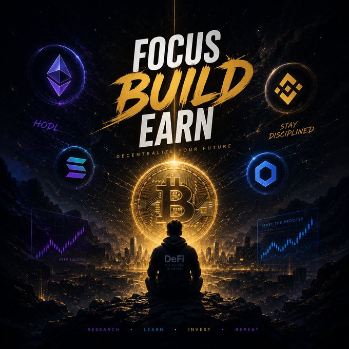 The image is a motivational crypto-themed graphic featuring "FOCUS, BUILD, EARN" text alongside Bitcoin, Ethereum, BNB, Solana, and other crypto logos, with a figure wearing a "DeFi" hoodie gazing at a glowing Bitcoin coin over a cityscape. Surrounding text reads "HODL," "STAY DISCIPLINED," "TRUST THE PROCESS," "KEEP BUILDING," and "RESEARCH • LEARN • INVEST • REPEAT," serving as a rallying call to push through the disappointing month of project failures mentioned in the post.