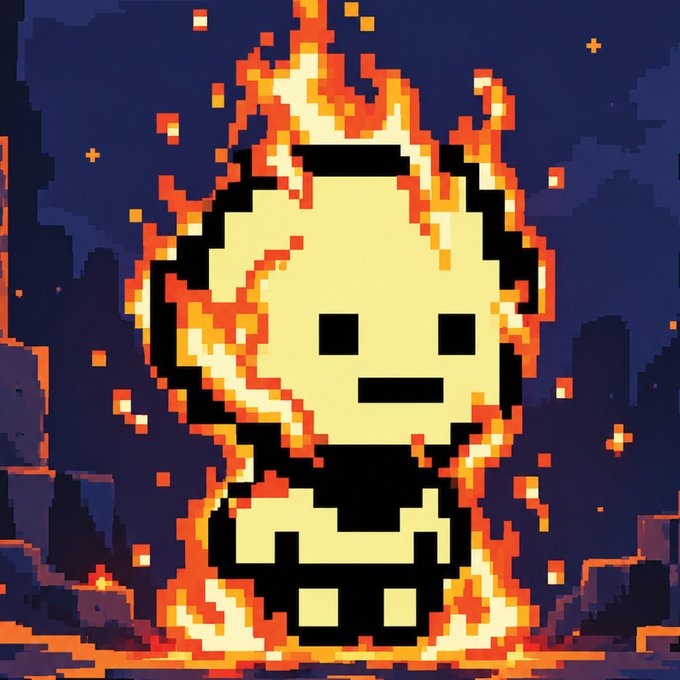 A pixel art image depicts a pale, blocky character with a straight-line mouth engulfed in fire against a dark purple background.