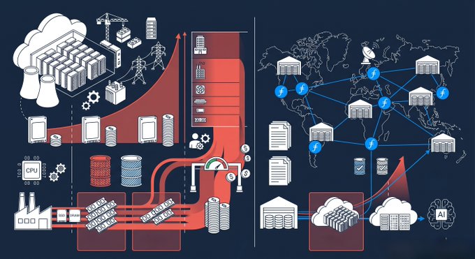 An infographic illustrating global data infrastructure with servers, power plants, cooling towers, and a world map connected by network nodes, highlighting AI and data center components.
