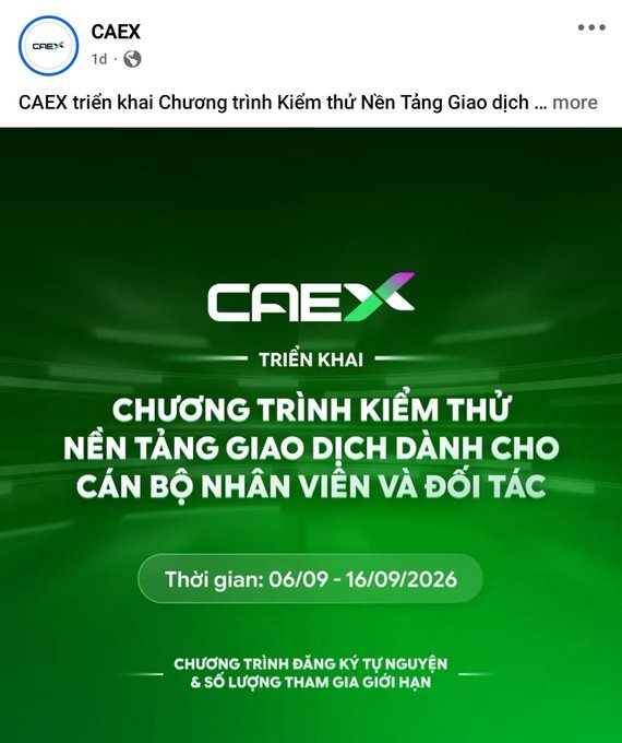A Facebook post from CAEX announces the deployment of a Trading Platform Testing Program for staff and partners, running from 06/09 to 16/09/2026, with voluntary registration and limited spots.