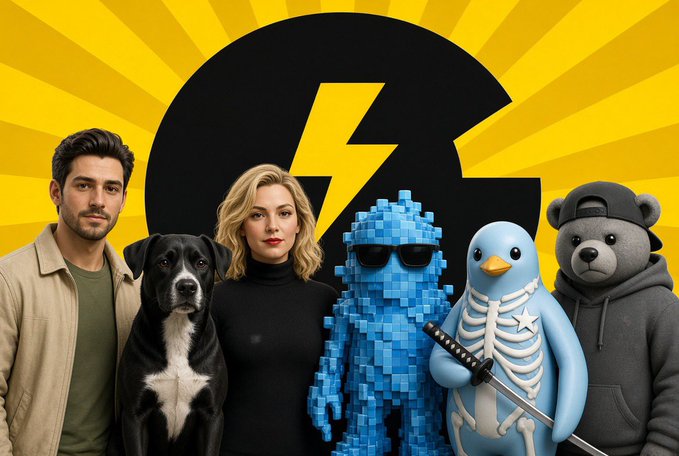 A promotional image featuring a man, a woman, a black and white dog, a pixelated blue character with sunglasses, a penguin skeleton holding a katana, and a bear in a cap, all set against a yellow sunburst background with a large 'G' logo.