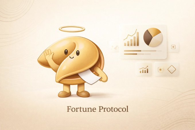 A cute golden character with a halo waves beside floating analytics dashboards displaying bar and pie charts, under the text "Fortune Protocol." The mascot's cheerful pose and the surrounding data visualizations reinforce the post's theme of an AI-powered agent that consolidates real-time news, market sentiment, on-chain signals, and prediction data into one platform.