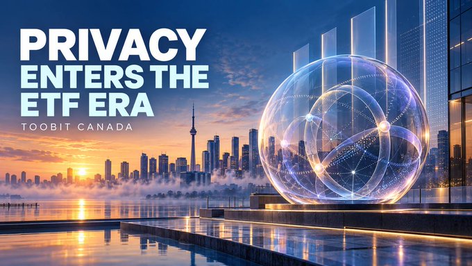 A promotional banner reading 'PRIVACY ENTERS THE ETF ERA - TOOBIT CANADA' featuring a futuristic cityscape and a glowing digital globe.