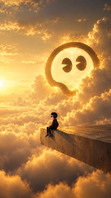 A digital artwork of a small figure sitting on the edge of a floating stone platform above a sea of golden clouds, looking at a giant speech bubble forming a face in the sky.