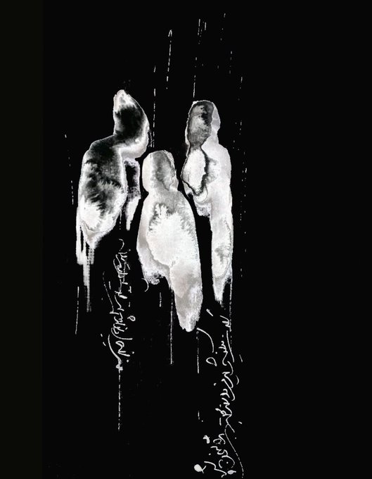 Dark artistic image featuring white watercolor-style splashes and dripping paint resembling abstract ghostly figures on a black background.