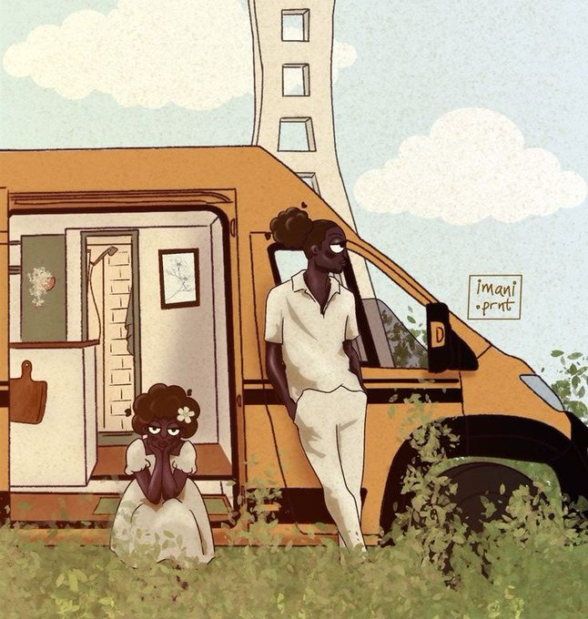 The image features a man and woman standing next to an orange van parked in a grassy area. The man has his arms crossed while the woman looks at him curiously. They are both dressed casually, with the man wearing a white shirt and the woman wearing a black dress. A sign is visible on the side of the van that reads "market is looking bad this weekend but elon saved the day go outside, get some fresh air, reconnect with real life.. touch some grASS". The scene suggests an outdoor setting where people are enjoying their time together in nature despite unfavorable weather conditions.