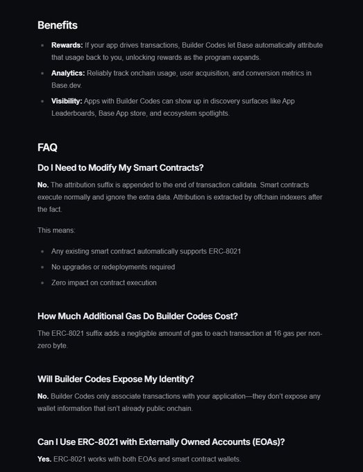 The image displays a documentation page about Builder Codes for Base, outlining Benefits (Rewards, Analytics, Visibility) and an FAQ section covering topics like smart contract modifications, gas costs, identity exposure, and compatibility with EOAs. The accompanying post discusses becoming a builder for Base (@base) and earning points on @arc, with the image directly supporting this by providing reference information on Base Builder Codes and their advantages.