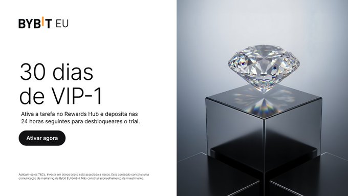 A BYBIT EU promotional banner offering '30 dias de VIP-1' (30 days of VIP-1), prompting users to activate a Rewards Hub task for a trial, with an image of a diamond on a glass cube.
