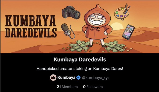A webpage screenshot for 'KUMBATA DAREDEVILS' featuring a hooded cartoon character surrounded by money, a camera, microphone, and art supplies, with text 'Handpicked creators taking on Kumbaya Dares!' and 21 Members.