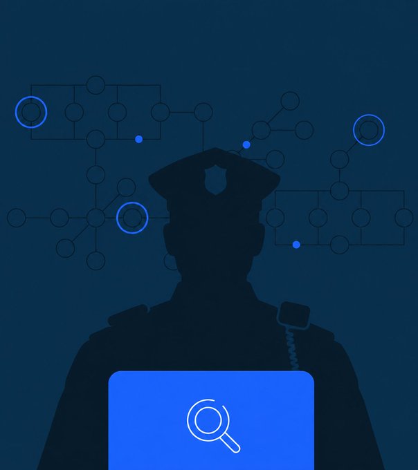 A silhouetted police officer stands against a dark blue background with an organizational chart and search bar overlaid, visually symbolizing law enforcement tracing or investigating cryptocurrency networks like Monero in response to the question about how Monero transactions work.