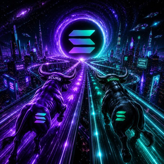 Two neon-lit bulls, one labeled "$CURB" and the other "$ANSEM," charge along glowing highways converging on the Solana logo, with signs for "Solana Season" and "Internet Capital Markets" flanking a futuristic cityscape—visualizing the post's claim that all paths in crypto lead to $SOL.