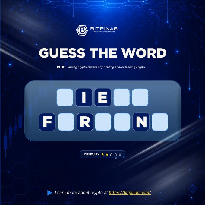 A blue-themed "GUESS THE WORD" crypto puzzle game by BITPINAS with the clue "Earning crypto rewards by holding and/or lending crypto", showing partially revealed letters (I, E, F, R, N) at a 2-star difficulty level.