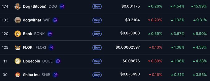 A cryptocurrency trading interface displaying meme coins including "Dog (Bitcoin) DOG $0.001175", "dogwifhat WIF $0.2104", "Bonk BONK $0.053008", "FLOKI $0.00002597", "Dogecoin DOGE $0.08876", and "Shiba inu SHIB $0.05490" with various percentage changes.