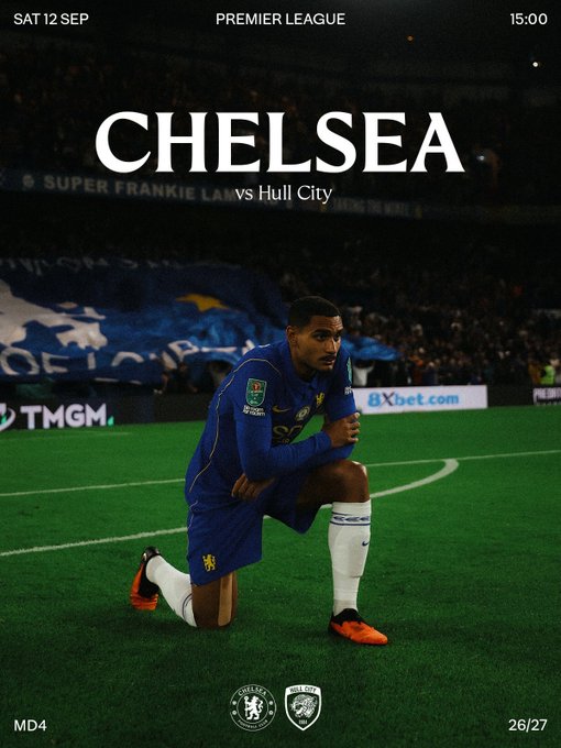A football promotional graphic showing 'CHELSEA vs Hull City' for Premier League Match Day 4 on Saturday 12 Sep at 15:00, featuring a Chelsea player kneeling on the pitch.