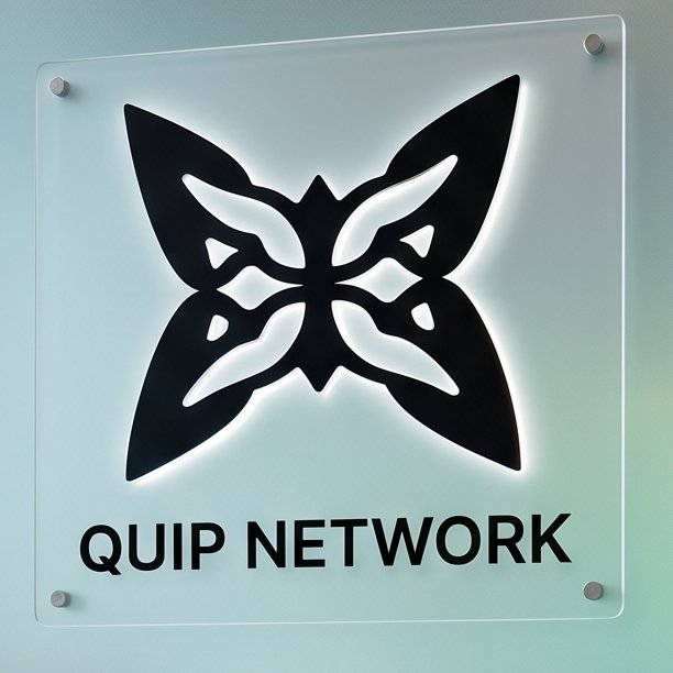 A glass sign with a black butterfly logo and the text 'QUIP NETWORK' mounted on a wall with corner fasteners.