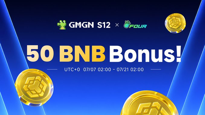 A promotional banner for the GMGN S12 BSC Trading Contest, featuring a "50 BNB Bonus!" prize announcement with a duration of July 7, 02:00 to July 21, 02:00 UTC, displayed against a blue background with golden BNB coins and the GMGN and Four logos at the top.