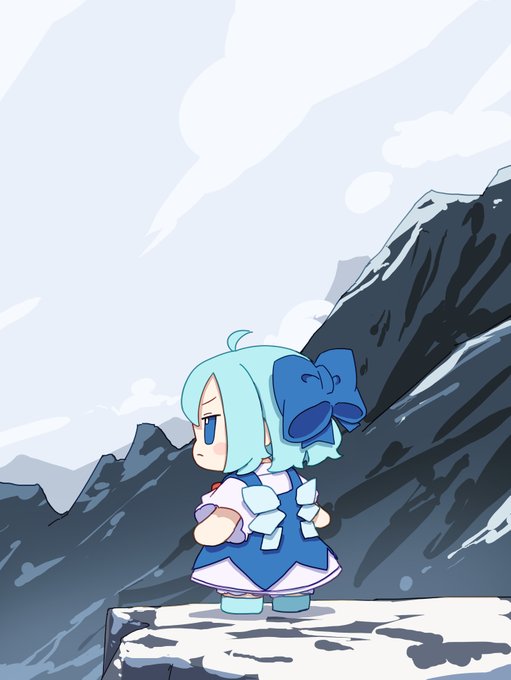 An anime-style illustration of a cute character with teal hair, a large blue bow, and a blue and white dress standing on a rocky ledge against a mountainous landscape with cloudy skies.