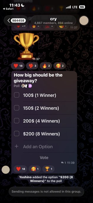 A user named Yoshino created a giveaway poll in a group chat titled "cry" (4,867 members), offering options of $100 (1 winner), $150 (2 winners), $200 (4 winners), or $200 (8 winners), with the most recent update showing Yoshino added the "$200 (8 Winners)" option to the poll.