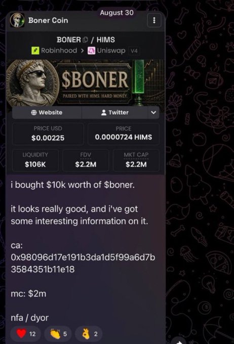 A detailed view of a meme coin's information page for '$BONER / HIMS' shows a price of $0.00225, FDV and MKT CAP of $2.2M, and includes the same promotional text as the previous social media post.