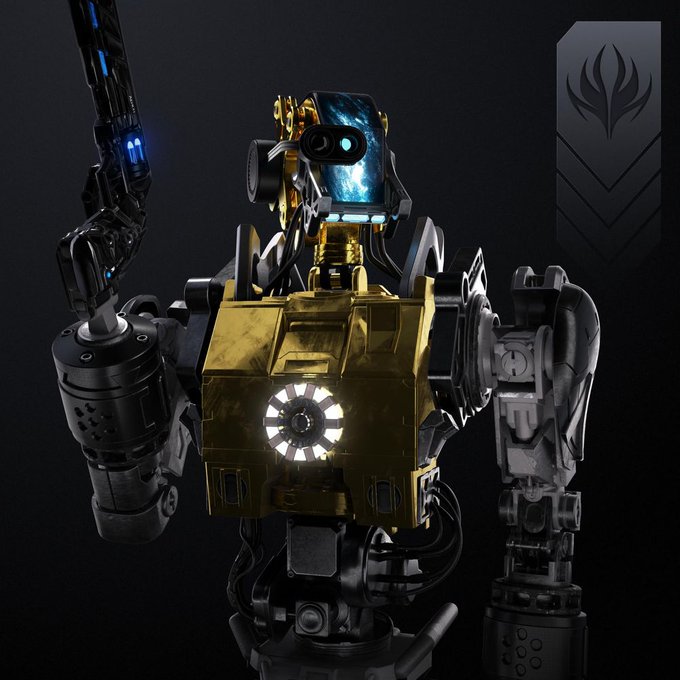 A detailed 3D render of a battle-damaged robotic figure, likely Claptrap from Borderlands, featuring a gold and silver metallic body with a glowing blue camera eye and a circular chest emblem.
