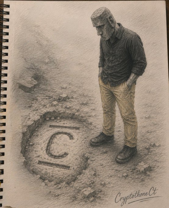 A pencil sketch in a notebook showing a stone-like figure looking down at a circle on the ground containing the Celsius (CEL) logo, signed 'CryptothoneCt'.