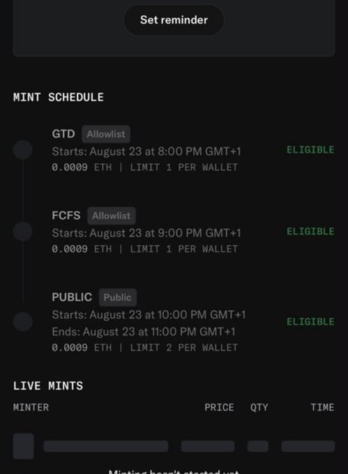 A mint schedule for an NFT drop showing three phases: GTD Allowlist (Aug 23, 8:00 PM GMT+1), FCFS Allowlist (Aug 23, 9:00 PM GMT+1), and PUBLIC (Aug 23, 10:00 PM–11:00 PM GMT+1), each priced at 0.0009 ETH, all marked ELIGIBLE.