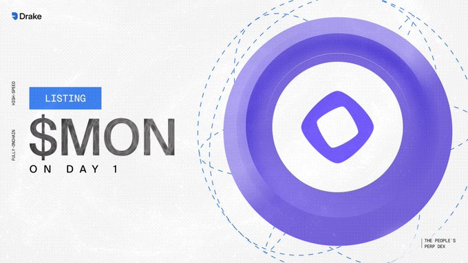 A graphic announcing 'LISTING $MON ON DAY 1' with the text '100% INSCRIBED' and '100% AIRDROPS' alongside a purple token icon, branded with the Drake exchange logo in the corner.