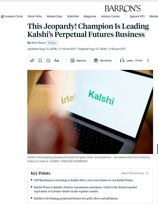 A Barron's article headline 'This Jeopardy! Champion Is Leading Kalshi's Perpetual Futures Business' by Nick Devor, dated Aug 12, 2026, discussing Kalshi Prime and perpetual futures for gold, silver, and platinum.