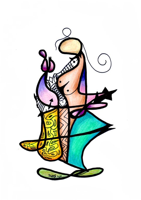 An abstract, colorful ink and marker drawing featuring curving figures in yellow, pink, teal, and orange tones.