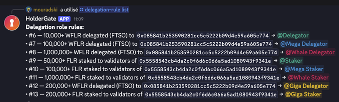 A Discord message from HolderGate APP lists delegation rules, categorizing participants by FLR or WFLR amounts into tiers like Delegator, Mega Delegator, Staker, and Giga Staker with associated addresses.