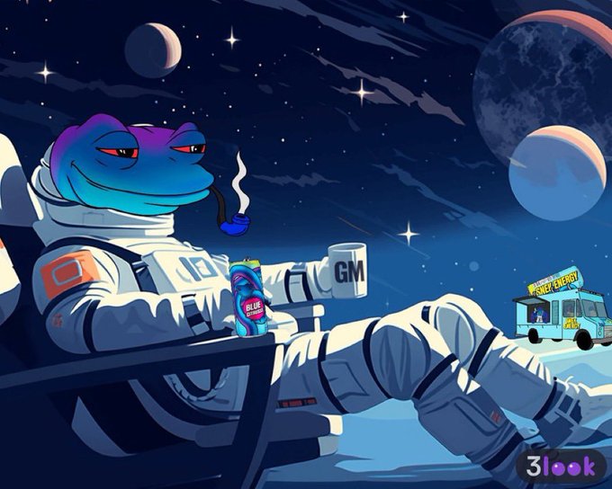 A stylized digital illustration of a frog astronaut in a white spacesuit smoking a pipe and holding a 'GM' mug and a Blue Gatorade can, relaxing against a space backdrop with planets, stars, and a Burger Emergency food truck in the distance; the '3look' watermark appears in the corner.