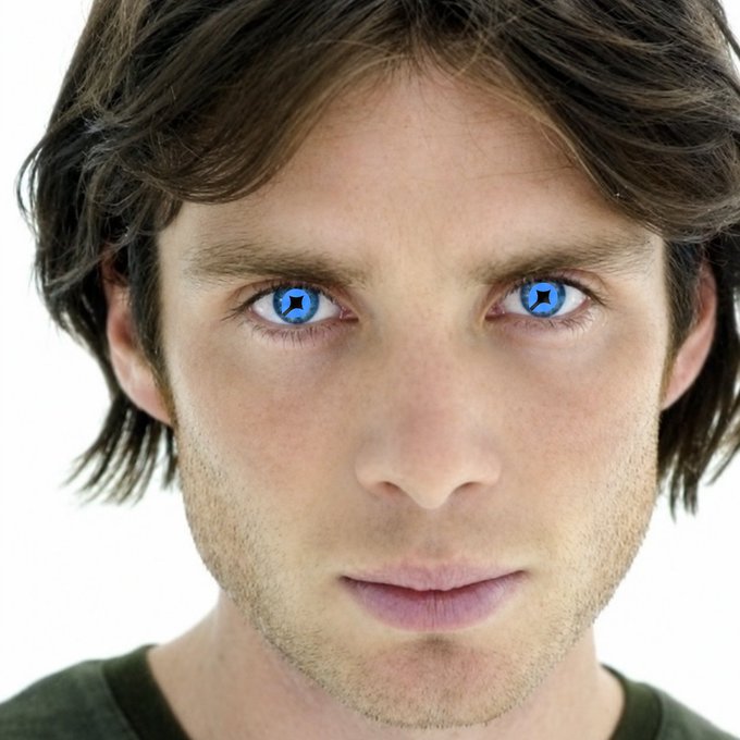 A close-up photo of a man's face featuring bright blue, glowing, digitally altered eyes against a white background.
