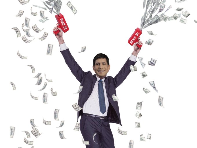 An edited image of a man in a suit holding up two 'Main St.' price tags as money falls around him.