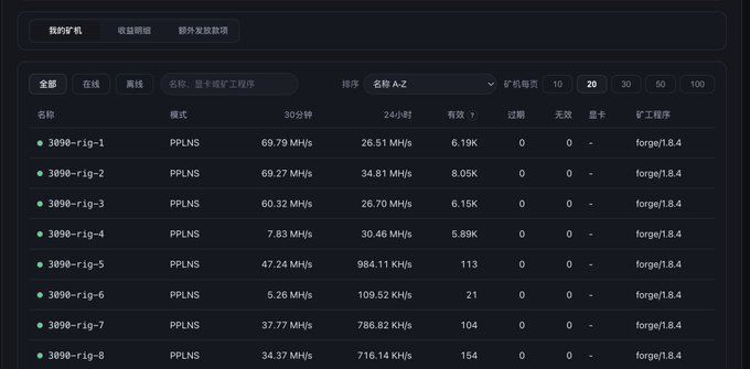 A Chinese mining pool interface (矿机) displaying a list of active mining rigs (3090-rig-1 through 8) with their PPLNS mode status, 30-minute, and 24-hour hash rates.