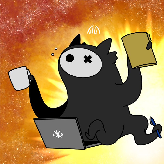 A cartoon illustration of a black cat-like creature with one eye as an X, holding a mug and pen with a laptop, set against a fiery orange background.